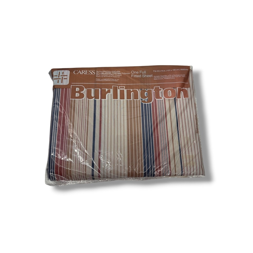 Burlington Caress Full Fitted Sheet Vintage Stripe USA NIP Deadstock No Iron NOS